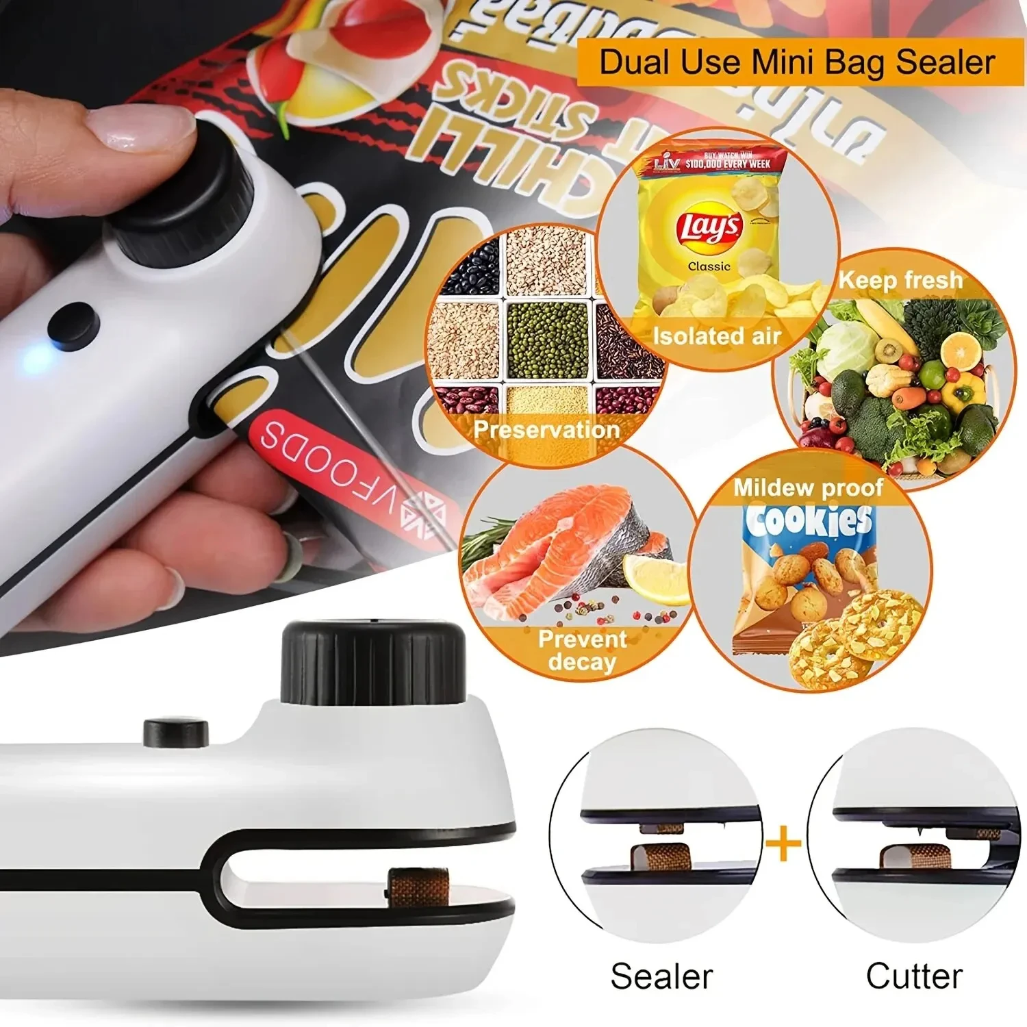 Mini Heat Sealer Bag 2 in 1 Rechargable USB Storage Bag Plastic Package Snack Sealer Clip Bag Handheld Heat Sealer PlasticBag