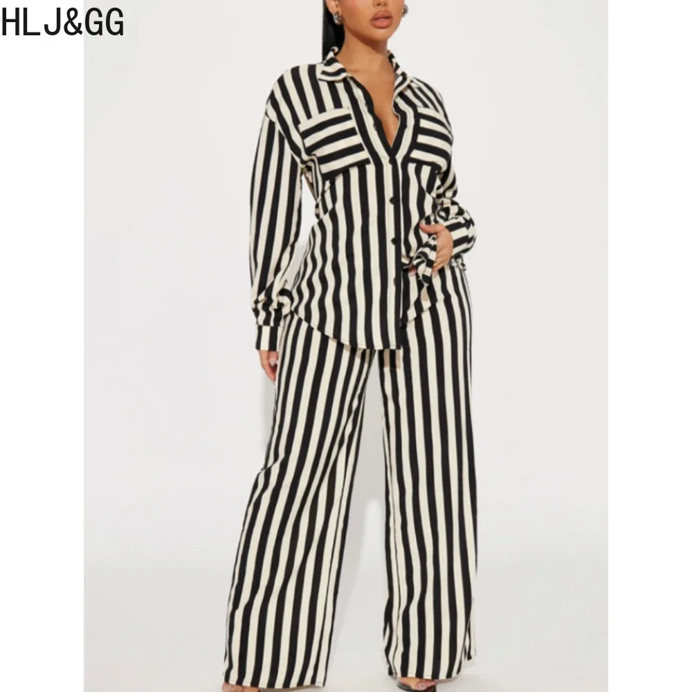 

HLJ&GG Autumn Stripe Print Shirt Two Piece Sets Women Turndown Collar Long Sleeve Button Top And Pants Outfits Casual Home Suits