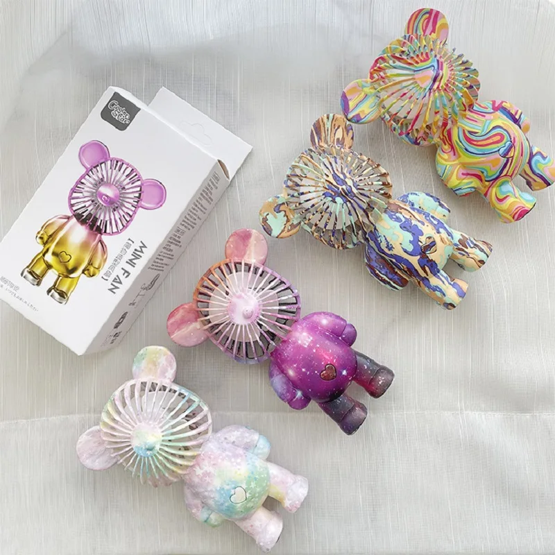 2023 New Noiseless Portable Small Fan A Summer Three-Gear Handle Small Fan Colorful Doodle Bear Small Fan Usb Charge