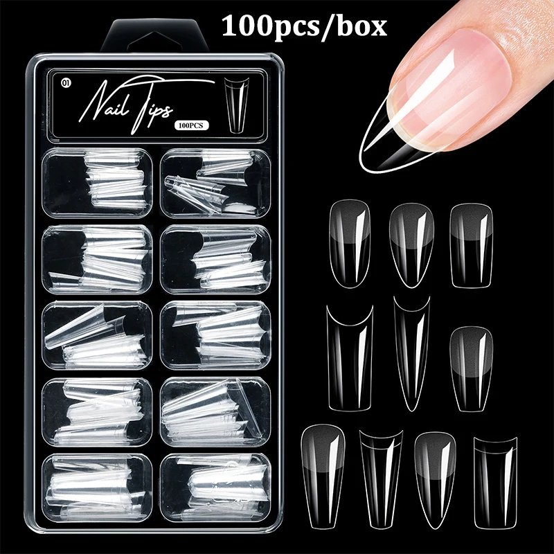 .100Pcs Soft Gel False Nail Tips Short Square Coffin Almond Artificial Press On Fake Nails Extension Manicure Tools