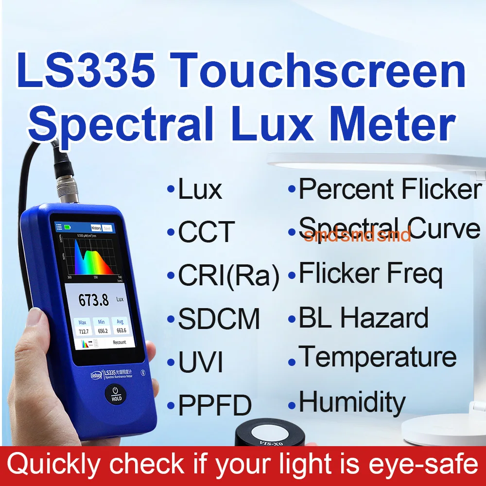 LS335 Multi-Parameter Spectral Illuminance Meter Touchscreen Measures Lux CCT CRI Flicker Blue Light UV for Lighting Assessment