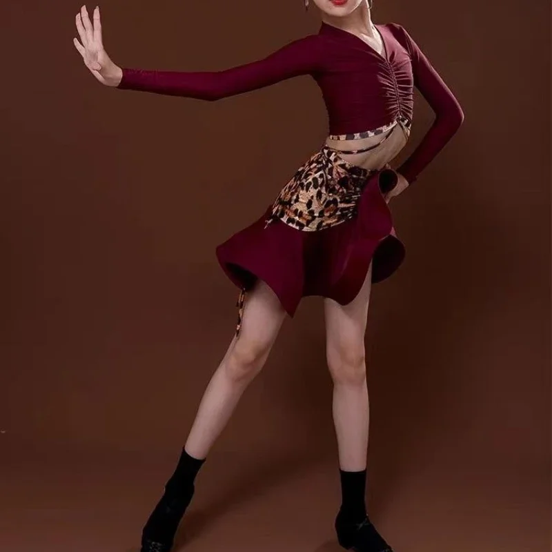 جديد اللاتينية ملابس رقص للفتيات الأطفال ليوبارد طباعة طويلة الأكمام تنورة قصيرة تشا تشا سوينغ أداء الرقص مجموعة زي #3