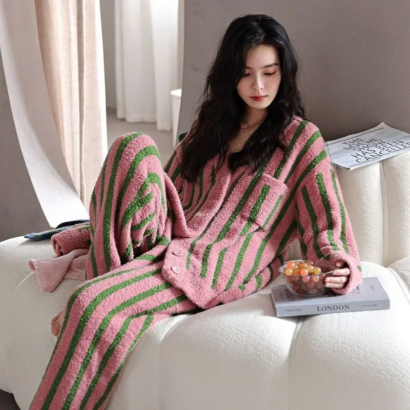 Striped Coral Velvet Pajamas Women Winter Thermal Half Velvet Nightclothes Two-Piece Female Fleece-lined Thicken Loungewear Suit