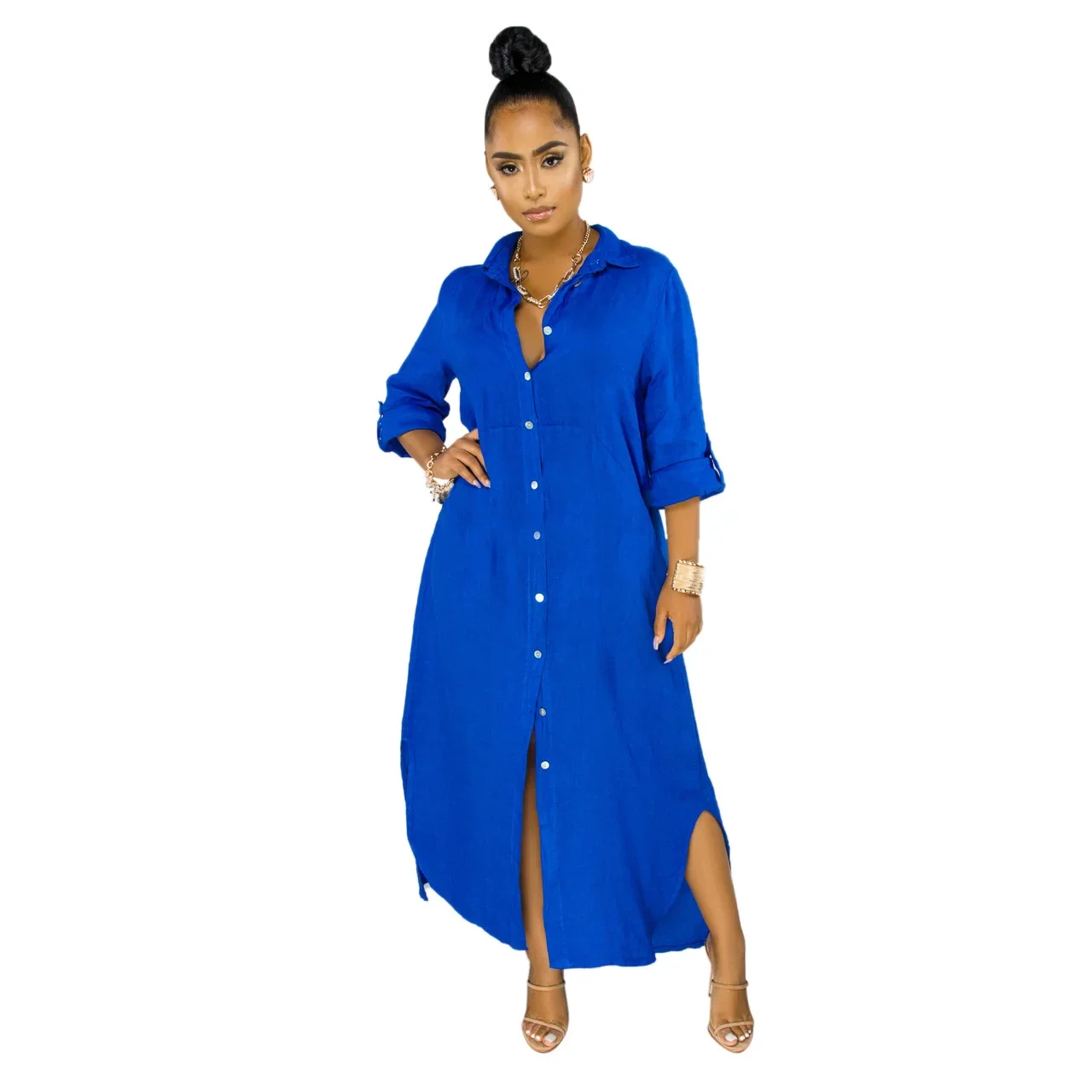 Shirt Dress Women Casual Long Sleeve Side Split Button Dresses Turn Down Collar Elegant Solid Loose Vestidos Spring Summer
