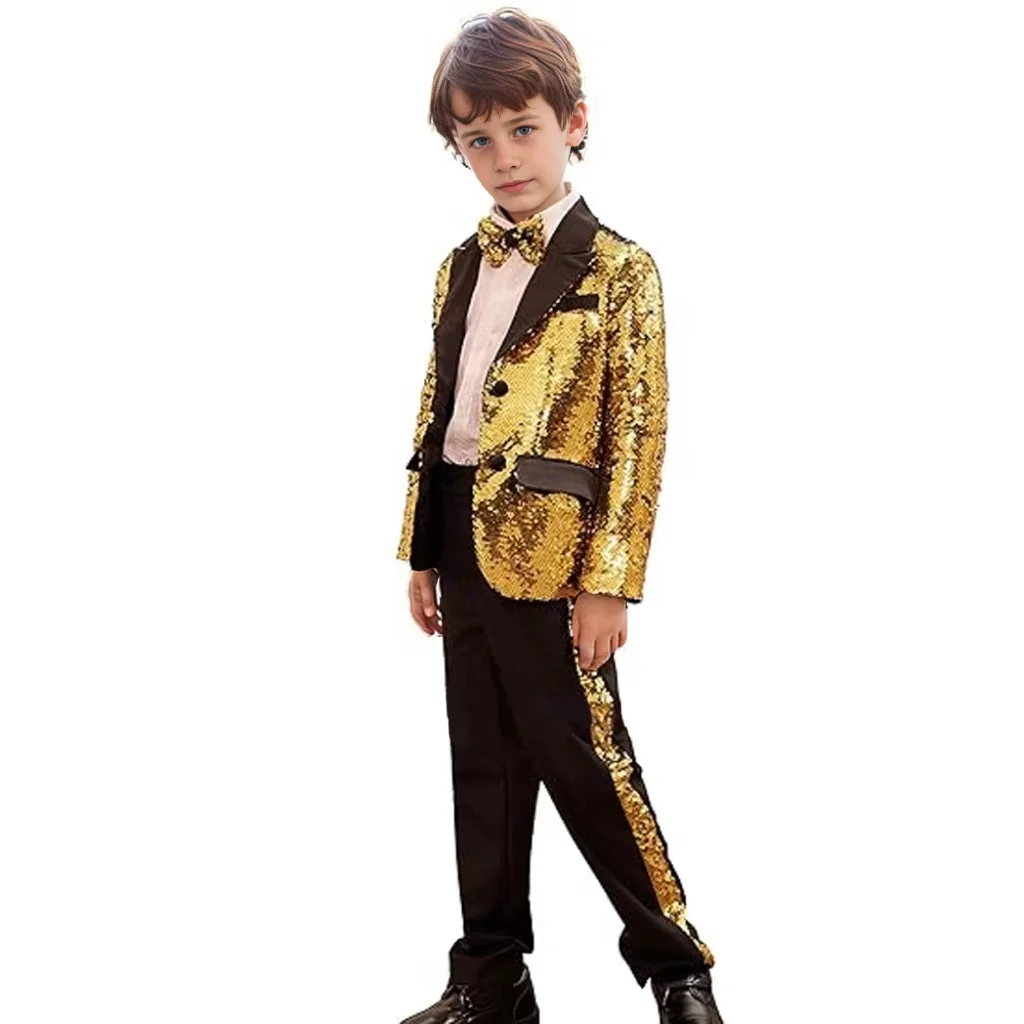  Stylish Gold Shiny Sequins Wedding Suit Luxury Tuxedo Jacket  Pants  2 Pieces Stage Performance Costumes Stage Performance