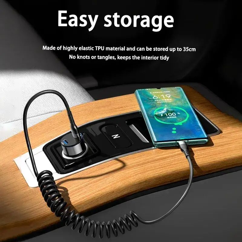 كابل شحن سريع قابل للسحب للسيارة USB Type C/Type C إلى Type C/USB LIGHTNING لهواتف iPhone 16 و15 و14 وSamsung وXiaomi وOnePlus - 2