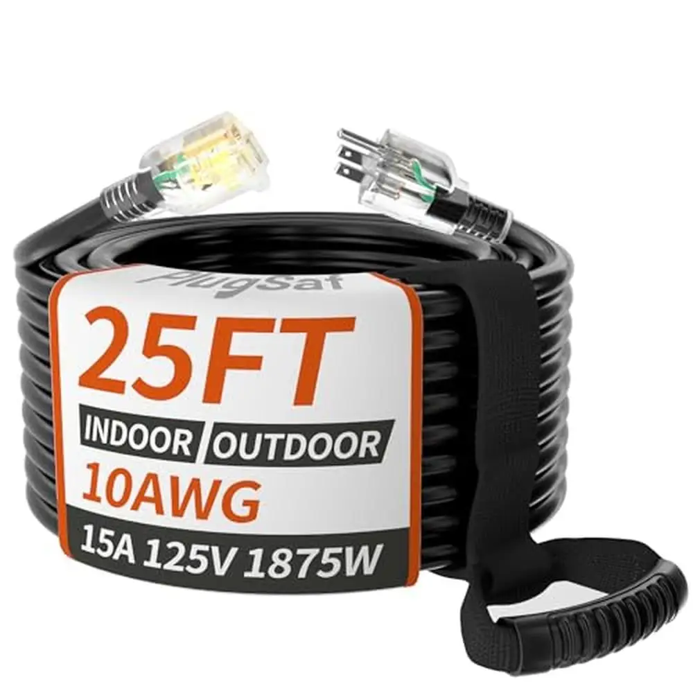 25ft 10 Gauge Outdoor Extension Cord Waterproof Lighted Indicator Heavy Duty 15Amp 1875W 3 Prong Weather-proof & Flexible Safe