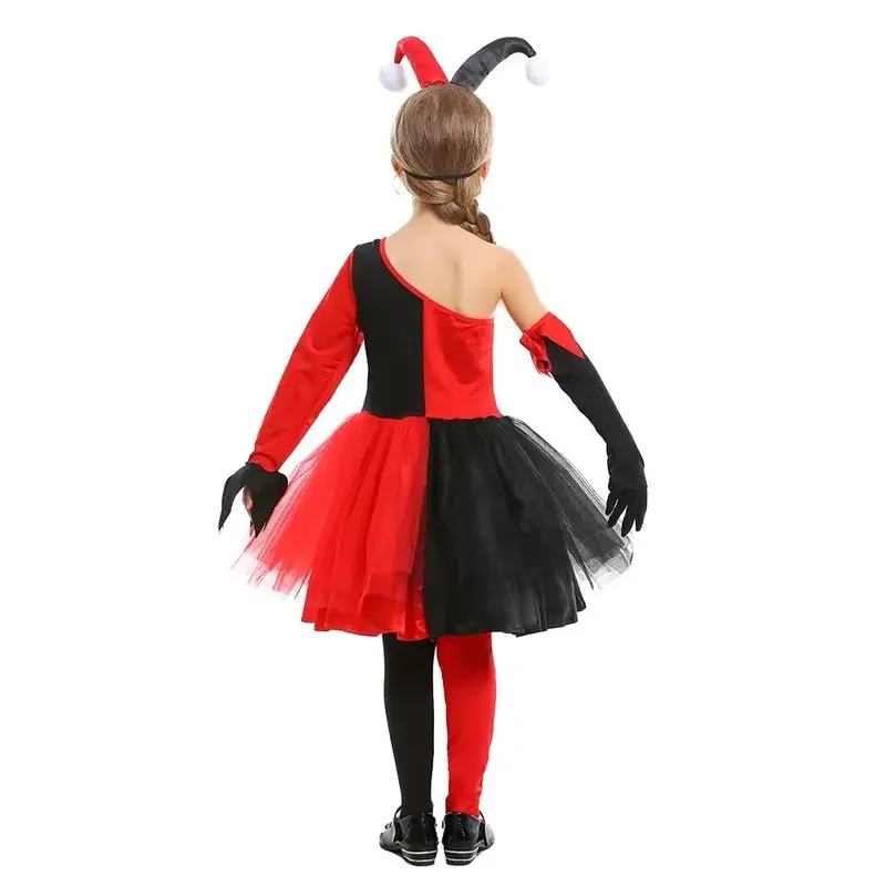 RT01 niñas Quinn Cosplay vestidos Halloween negro rojo payaso asesino disfraz carnaval Pascua Purim vestido de lujo y Gf1