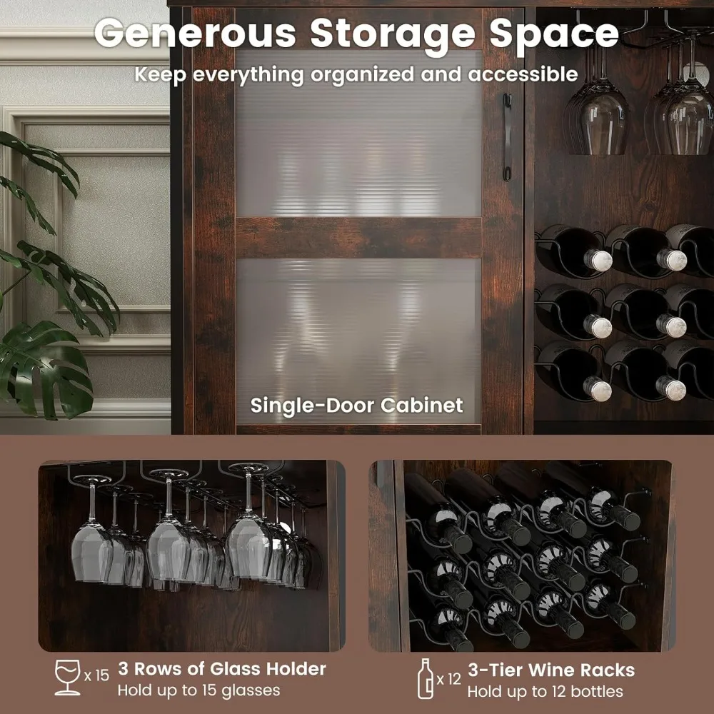 Weinbarschrank auf Rollen, Spirituosenbuffet-Sideboard mit LED-Leuchten, Ablageflächen, Glashalter und Weinregale, industriell