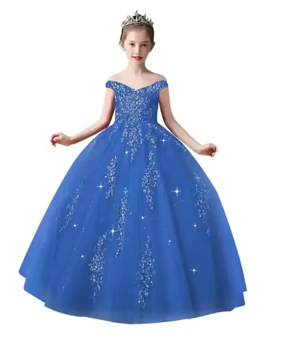 Elegante schulterfreie Blumenmädchenkleider für Hochzeiten, abgestuftes Ballkleid mit Applikationen, Prinzessin, Geburtstagsfeier, Kinder-Kommunionkleid