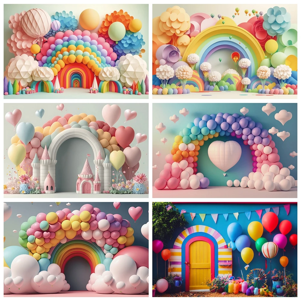 

Newborn Baby Portrait Backdrop 3D Colorful Air Balloon Cloud Boy Girl 1st Birthday Party Cake Smash Background Photography Props