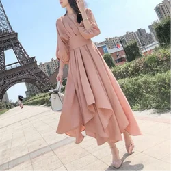 2023 Autumn New High Waist Bandage Slim Dress Women's Pink V-neck Patchwork Bubble Sleeves Gentle Simple Ruffles A-line Dresses