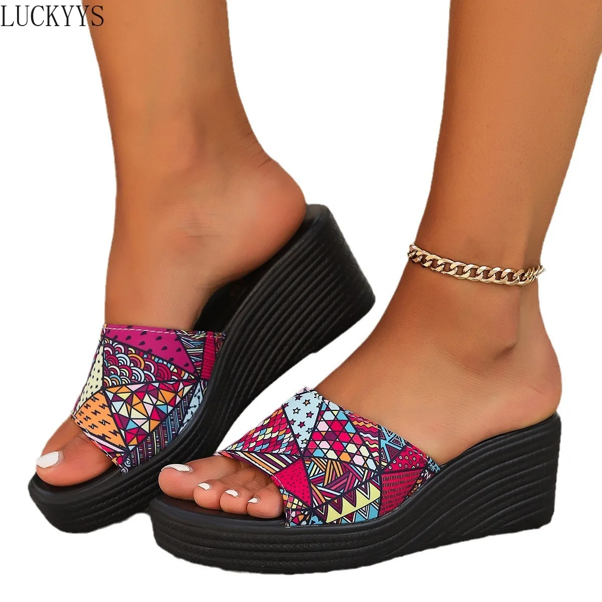 Zapatillas de tacón alto de alta calidad para mujer, sandalias de plataforma con estampado de moda, zapatos de cuña de playa al aire libre, zapatillas informales de verano