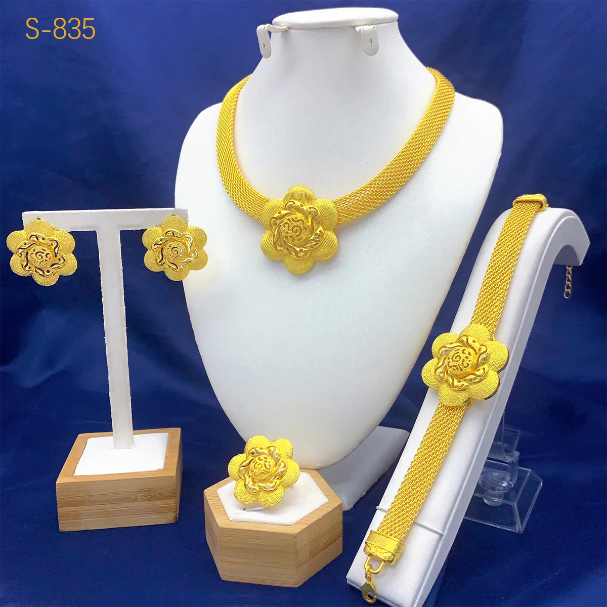 Dubai Indian African Net Chan Necklace Earrings Jewelry Set For Women Gold Plated Nigeria Bridal Wedding Party Gift Jewellery