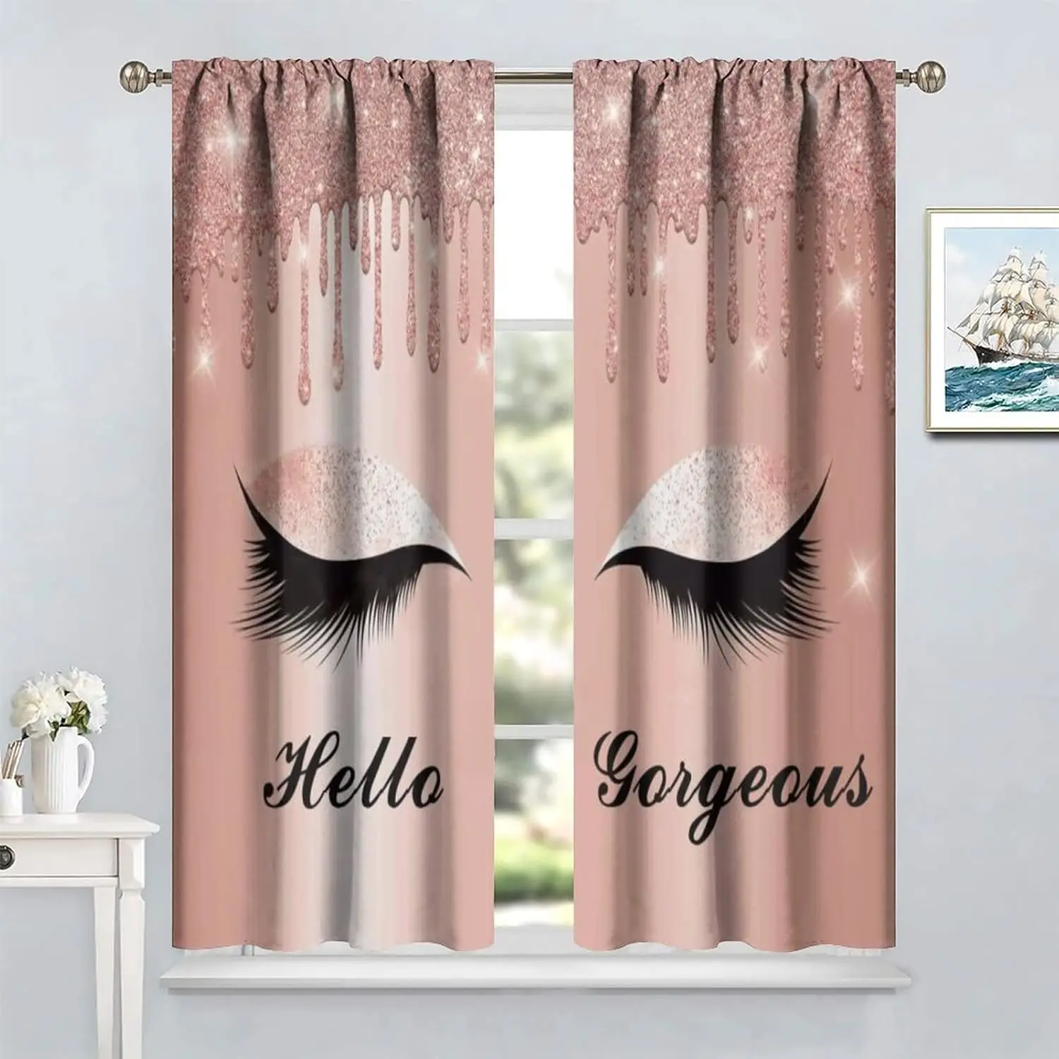 Pretty Eyelash Blackout Window Curtains, Spark Rose Gold Drips Hello Gorgeous Eyelash Print Windows Door Curtain for Bedroom