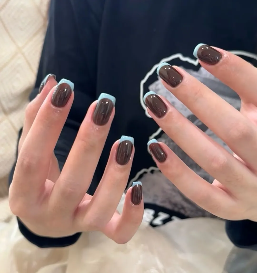 

10pcs New Handmade Short Ins Press On Nails Retro Brown Blue French Design Autumn Fake Nails Wearable Nails Art Tips for Girls