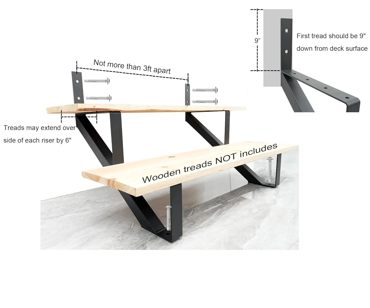 DIYHD stalen trapverhoger 2-traps trapstringer voor dekhoogte 10 inch, gepoedercoat zwart, MAX-laadvermogen: 500 lbs, 2 verpakkingen