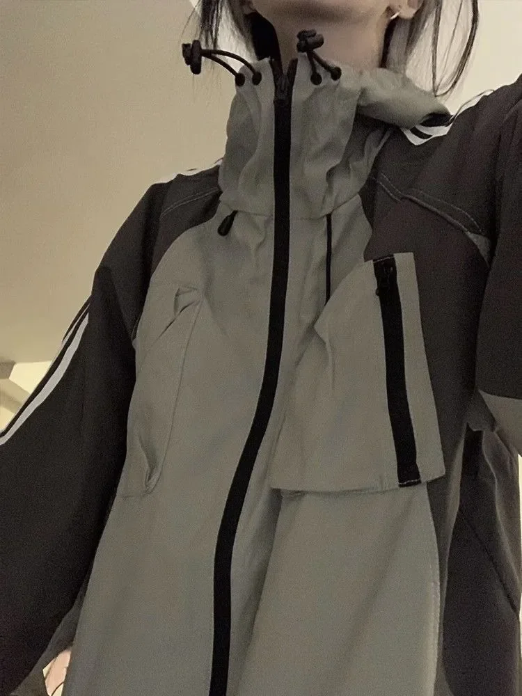 Ropa de calle, chaqueta Techwear para mujer, cortavientos Vintage Anorak Harajuku de gran tamaño con cremallera y capucha, reseñas coreanas, muchas