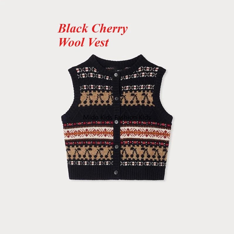 2025 autumn and winter new cherry cardigan full wool vest girls waistcoat jumper 2-12Y