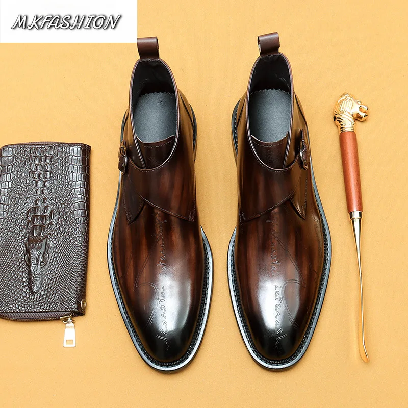 Men's Genuine LeatherCarved Business Formal Shoes Pointed Toe Ankle Boot Short Booties
