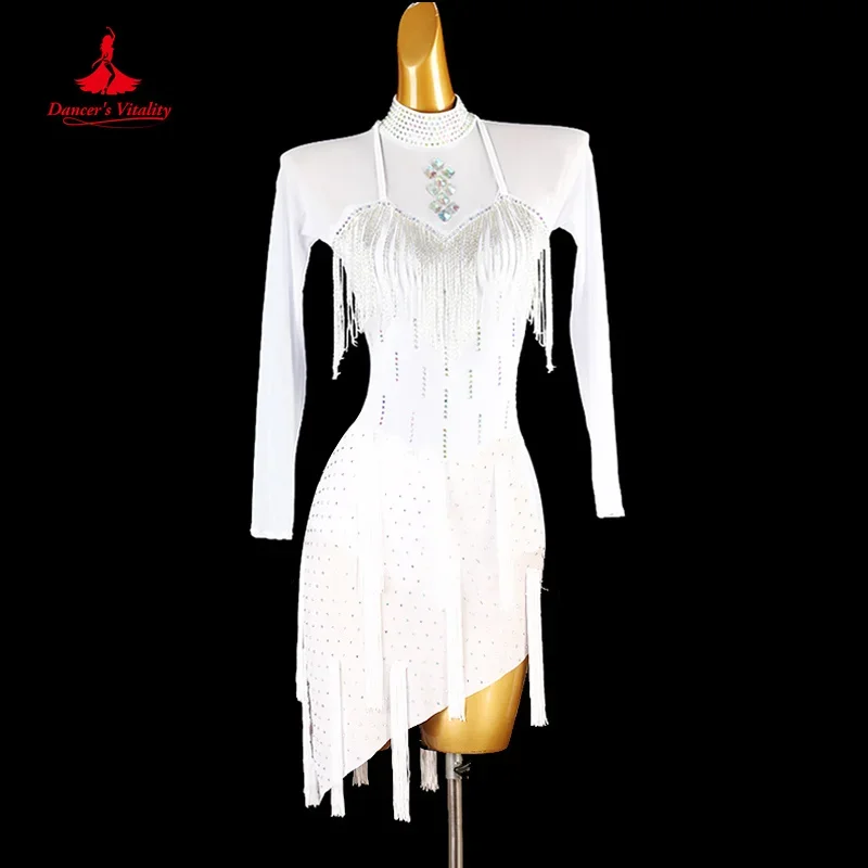 

Latin Dancing Dresses Customized Senior AB Stones Fringe Dress Adult Children Tango Chacha Professional Performance Costumes