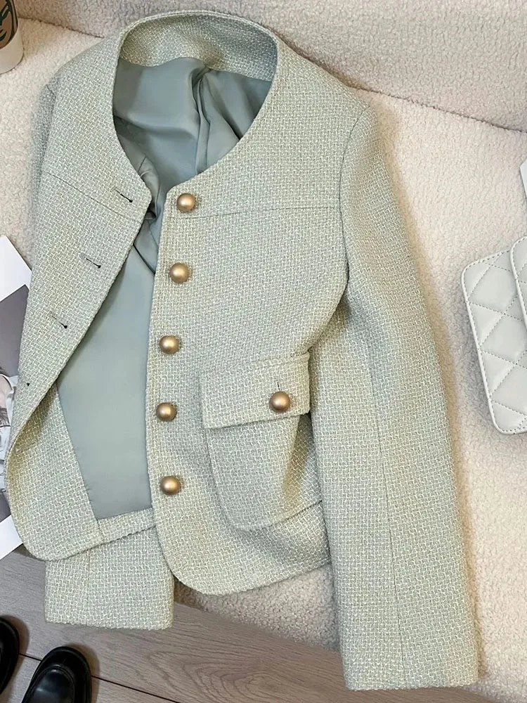 Zoki Korean Sweet Green Jacket Women Casual O Neck Long Sleeve Tweed Coat Fashion Single Breasted Female Chic Blazer Jackets