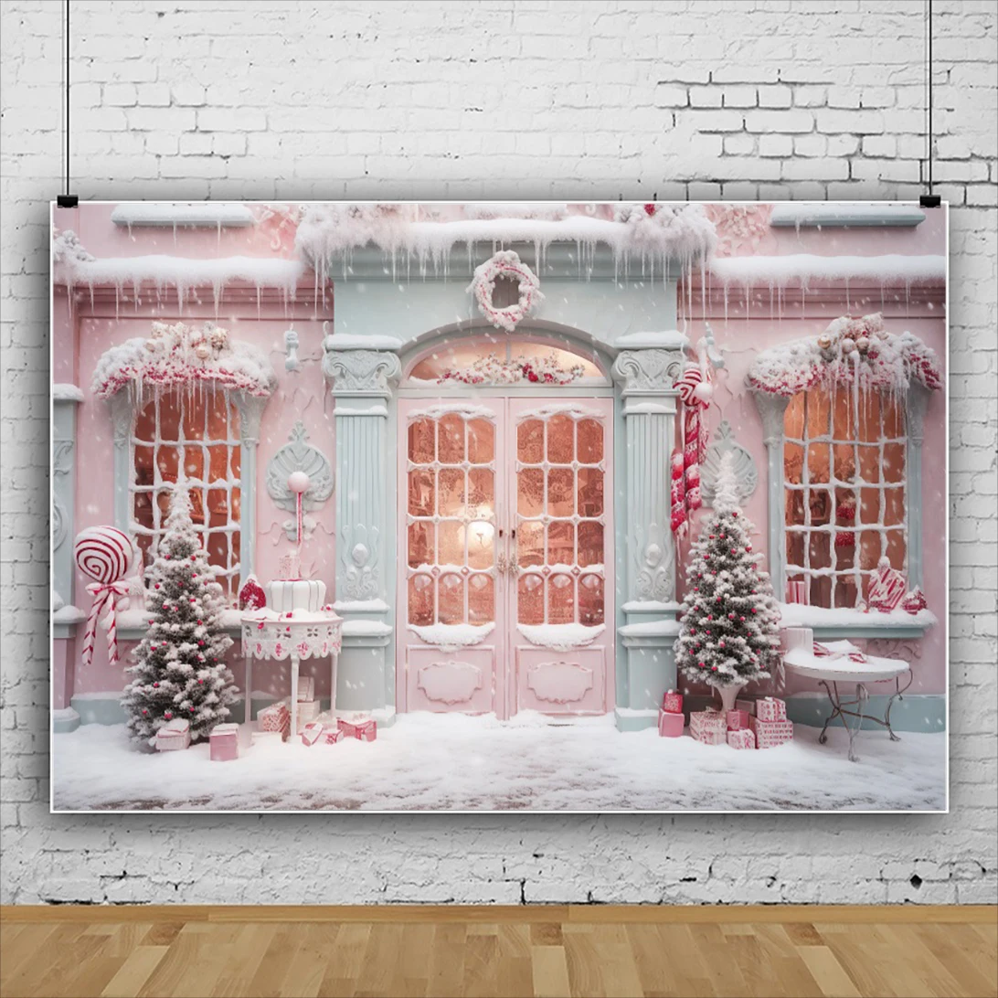 Christmas Backdrop Pink Candy Store Xmas Tree Gift Snow Baby Portrait Family Party Photography Background Decor Photostudio Prop