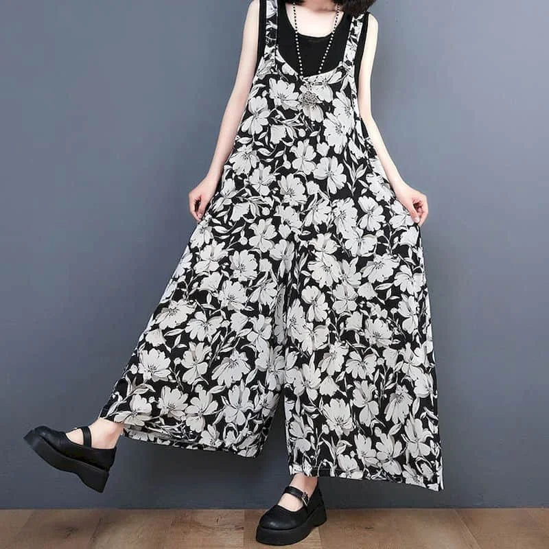Kombinezony w kwiaty dla kobiet Ponadgabarytowy jednoczęściowy strój damski Harajuku Luźne koreańskie spodnie z szerokimi nogawkami Casual Vintage Playsuits