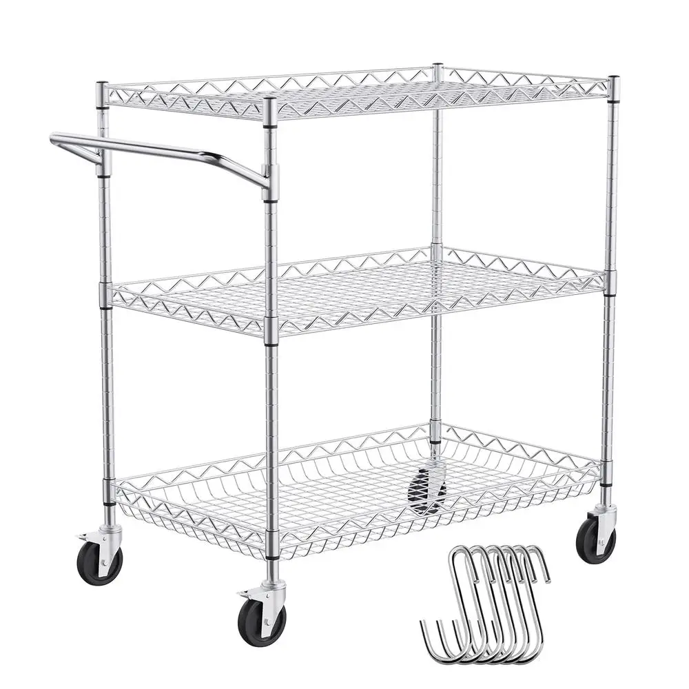 3-Level Rolling Kitchen Cart Mobile Service Trolley Storage Utility Cart with Adjustable Shelves 661LBS Load Capacity Wheels