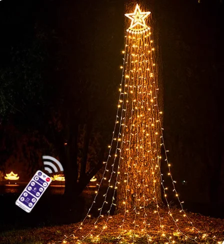 

Christmas courtyard outdoor decorative lights, pentagram waterfall lights, flowing small colored lights, string hanging tree lig