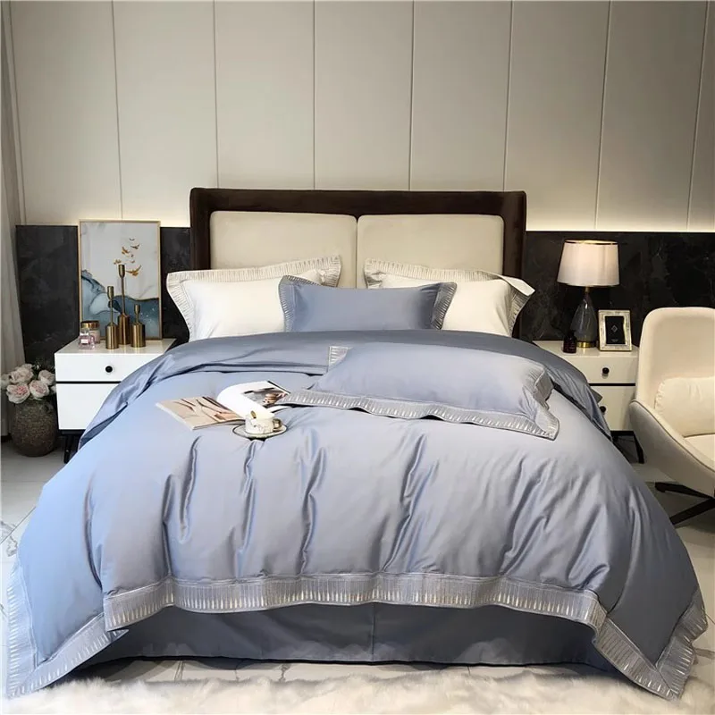 2024 High-end Light Luxury Style Long-staple Cotton Four-piece Set Pure Cotton New Sate Embroidery Quilt Set Bedding Blue Color