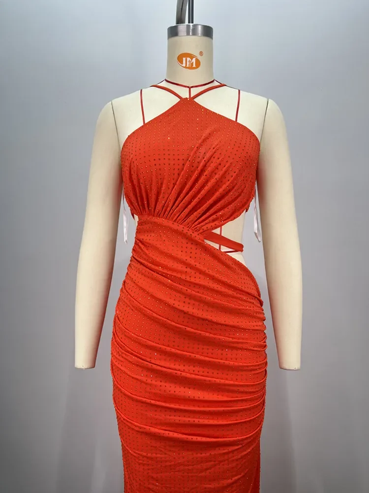 Sexy Sleeveless Cut Out Orange Rhinestone Maxi Long Bodycon Dress Women 2024 Elegant Gown Party Evening Stage Costume Vestido