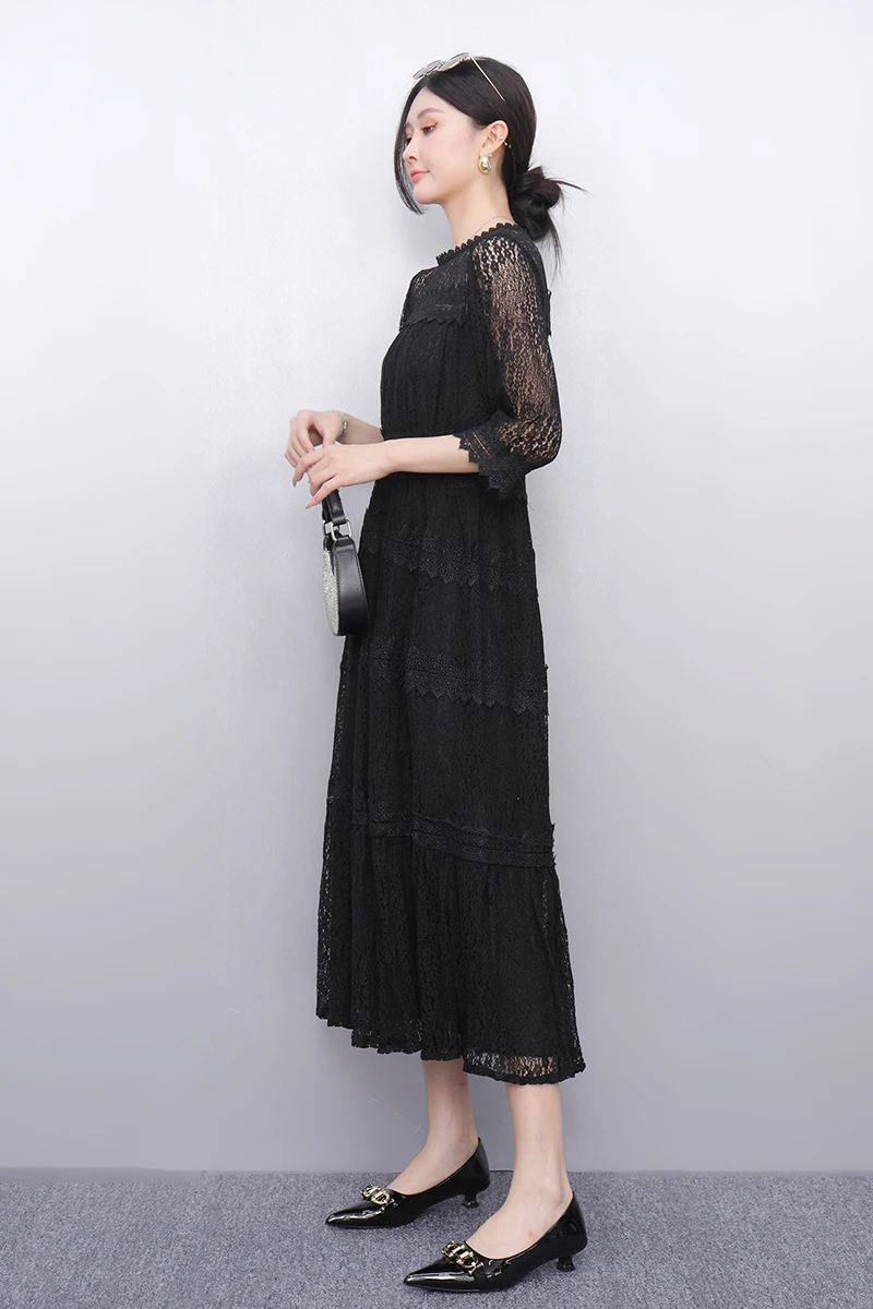 2025 ربيع وصيف جديد أنيق تفريغ الدانتيل فساتين طويلة فضفاضة النساء موضة فستان قصير الأكمام السيدات بالجملة J944