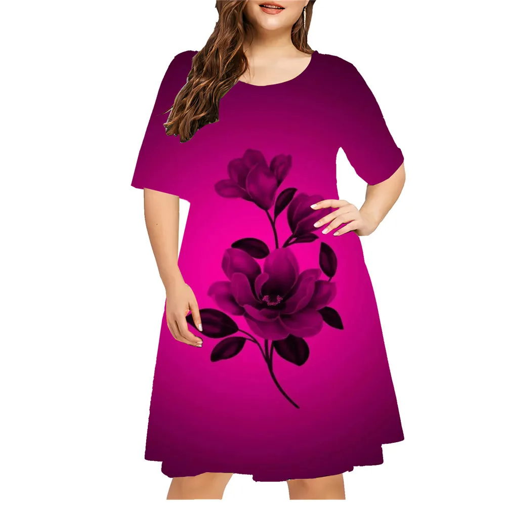 Vestido feminino de manga curta estampado em 3D, pulôver gradiente casual, roupas femininas plus size, vestidos de verão, tamanho grande, flor, 5XL, 6XL