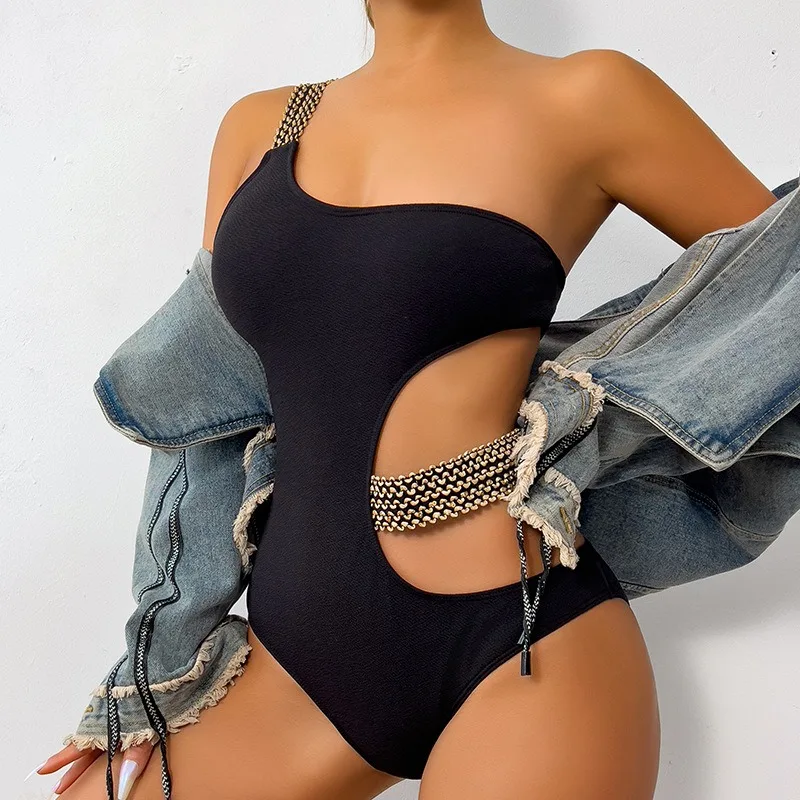 Maillot de bain une pièce, taille haute, serré, dos nu, sexy, asymétrique épaule dénudée, bustier tubulaire, taille creuse, bikini, vêtements de plage