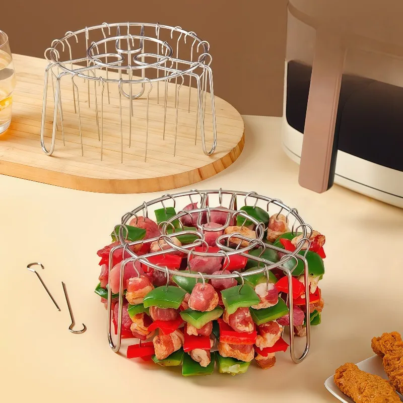 Stainless Steel Vertical Hanging Grill Skewers, Multi Rod Round Barbecue Skewer Rack for Air Fryer BBQ Cooking Accessory
