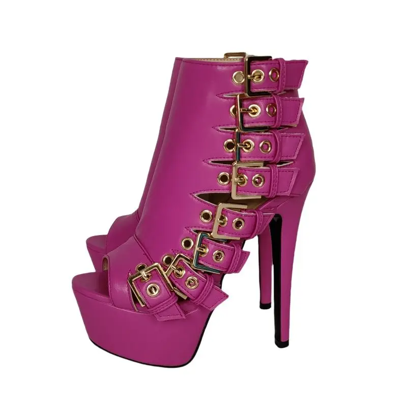 

SHOFOO Women's Pink Peep Toe High Heel Boots Multi-Buckle Short Combination Shoes 14-16cm Heel Large Size Sexy Footwear