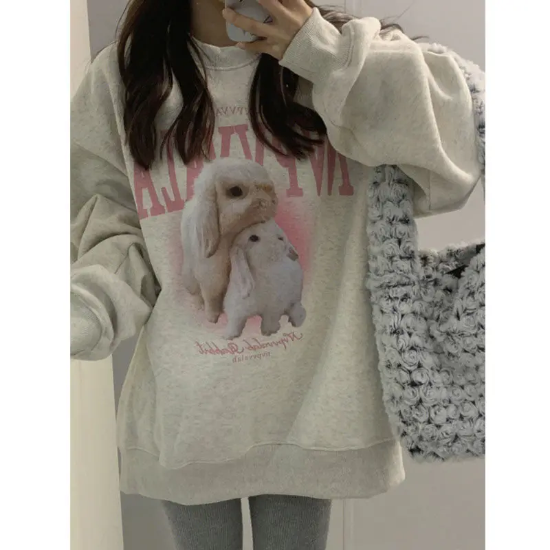 

Harajuku Cute Rabbit Printed Sweatshirts Women Autumn Winter Velvet Streetwear Hoodie Women Long Sleeve Top Loose Kawaii Clothes