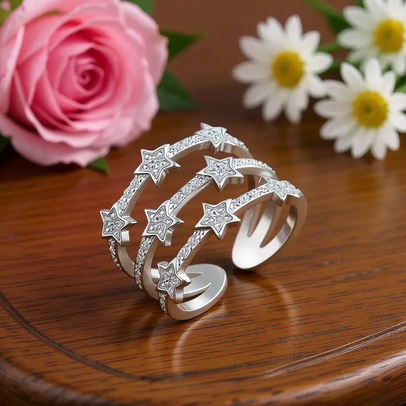 Exquisite 925 Sterling Silver Stars Multi-Layer Crystal Zircon Open Rings For Women Girls Wedding Party Fashion Jewelry Gifts