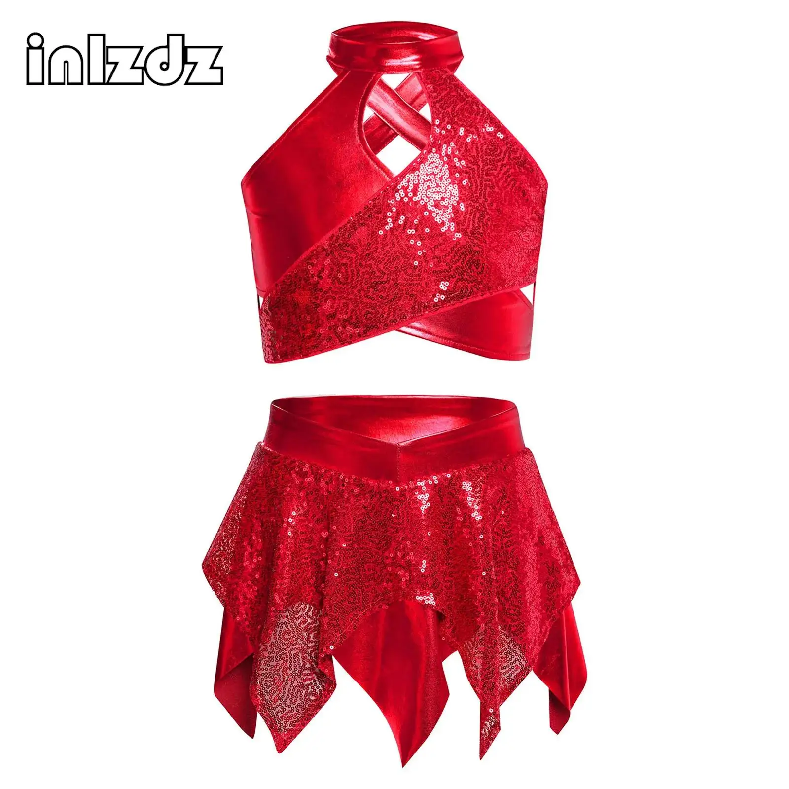 

Kids Girls Jazz Dance Sparkly Sequins Costume Outfit Cross Keyhole Metallic Crop Top with Asymmetric Skirt Performance Dancewear