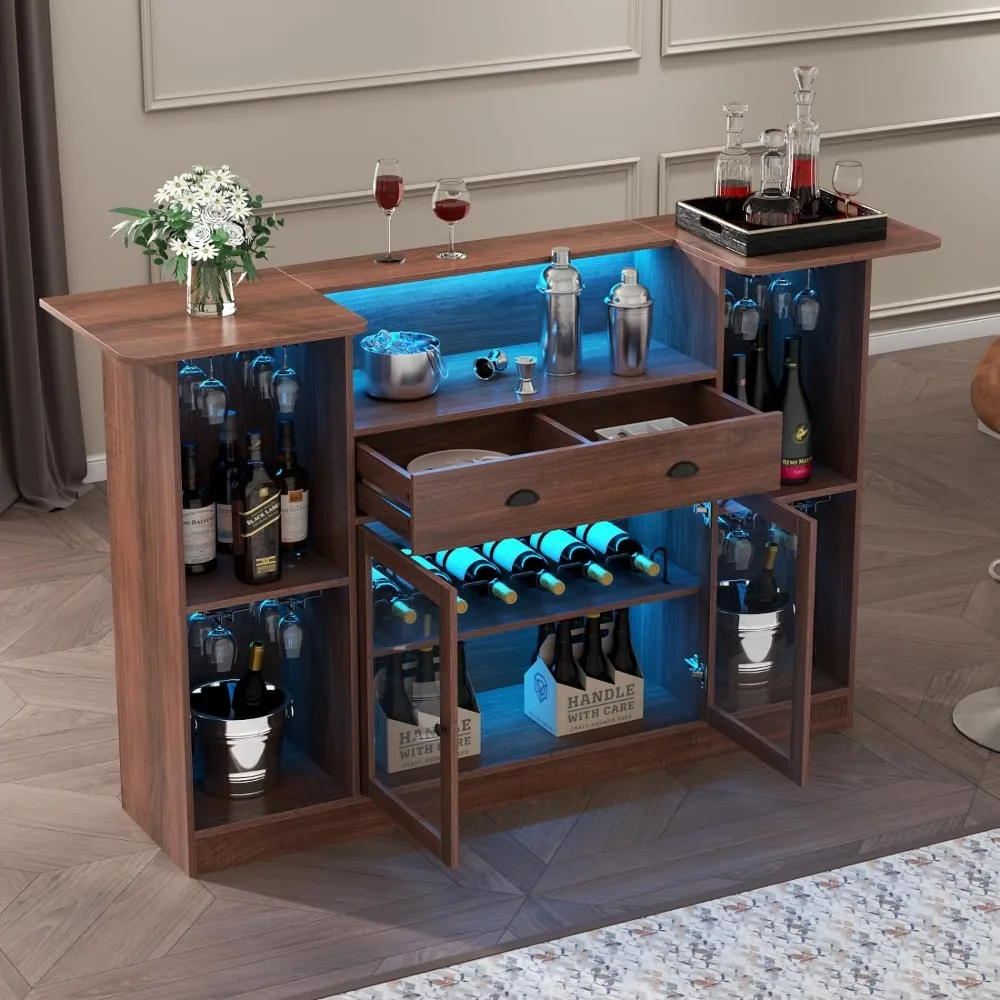 Mini Liquor Bar With 8-Tier Storage&Stemware Holder Wine Bottle Holder Crescent Shaped Counter for Home Pub Wine Rack Cabinet