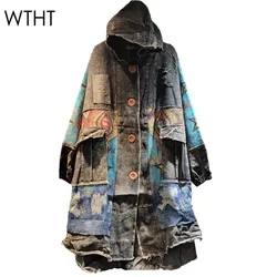 WTHT Vintage Fashion Women's Knit Spliced Blue Print Denim Long Coat 2024 Autumn Hooded Single Breasted Jacket Female 1LS207