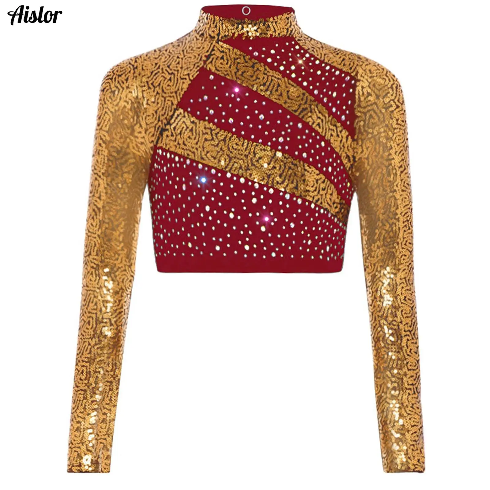 Kids Girls Jazz Hip-hop Dance Tops Long Sleeve Mock Neck Sequined Rhinestones Cutout Back Crop Top for Gymnastics Performance
