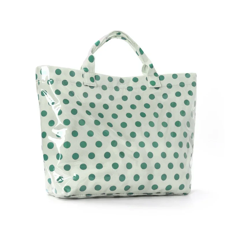 Damen-Tragetasche aus PVC mit Polka-Dot-Muster und Farbblockierung, klassische Retro-Mode-Schulterhandtasche, wasserdichte Reise-Aufbewahrungstasche mit großem Fassungsvermögen – Detail 10