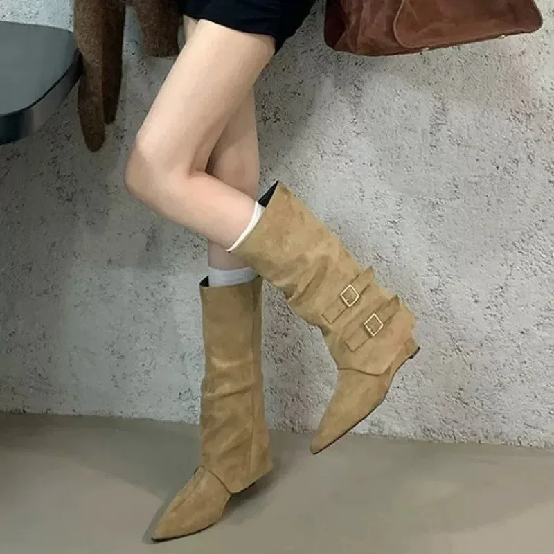 Women's Mid-calf Wedge Boots Shoes Spring and Autumn Women's Knee-Length Western Cowboy Boots Women's Footwear 5cm