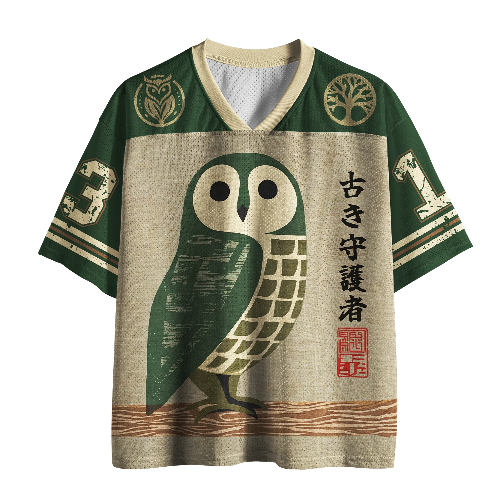 2026 Unisex Vintage Owl Guardian Mesh Jersey T Shirt, Japanese Ukiyo-e Style V Neck Short Sleeve Oversized Streetwear
