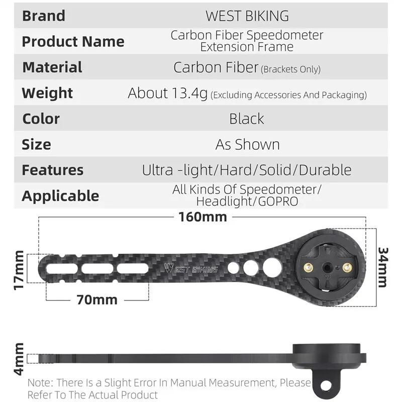 WEST BIKING Carbon Fiber Speedometer Extension Frame Integrated Handlebar Bicycle Computer Stand Ultralight Durable Lamp Bracket