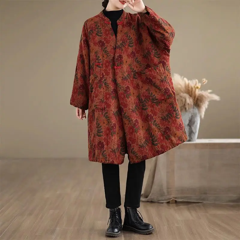 2024 Autumn Winter Cotton Linen Women's Clothing Retro Chinese Ethnic Style Jacket Printed Loose Large Size Quilted Coat K2723