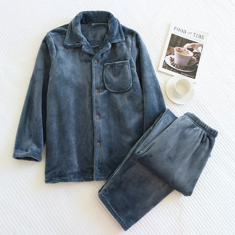 

Осень-зима, новый фланелевой пижамный комплект, мужская одежда для сна, свободная повседневная одежда для отдыха, пижамный костюм, теплая домашняя одежда из кораллового флиса