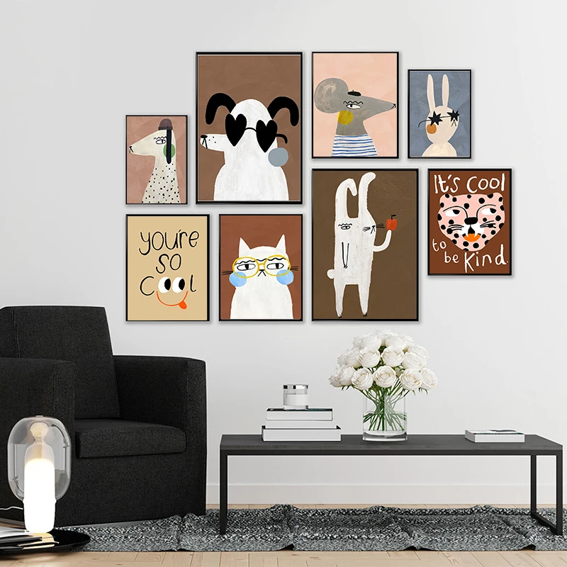 Nordic Retro Cute Rabbit Leopard Dog Cat Wall Art Canvas Painting  Posters and Prints Wall Art Pictures for Kids Room Home Decor
